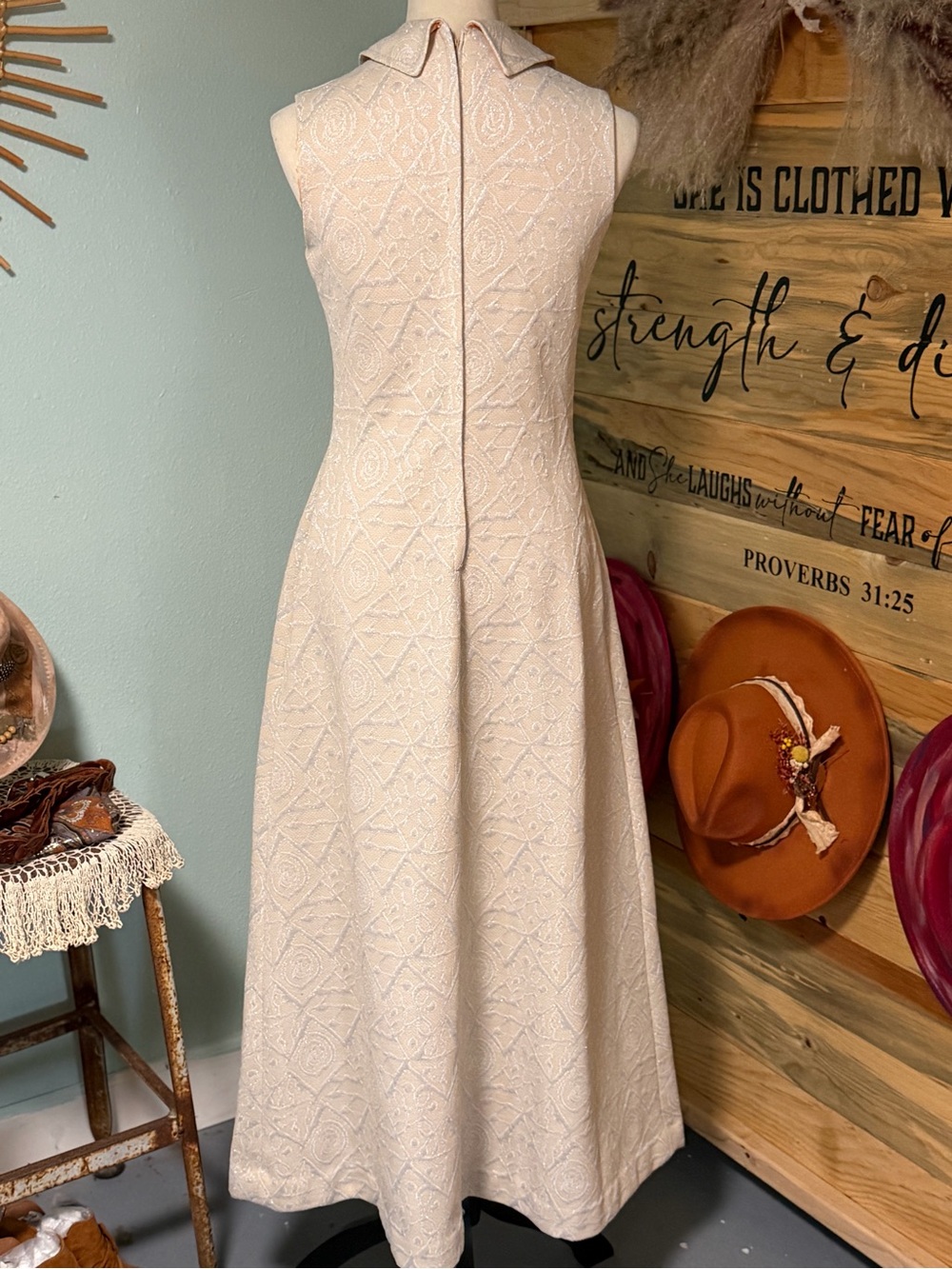 Sleeveless Cream Embroidered Midi Dress - Picture 2 of 9